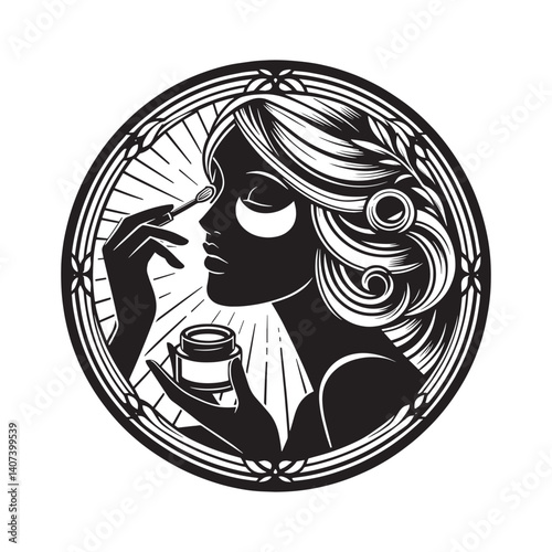Elegant woman applying skincare product in ornate art nouveau frame