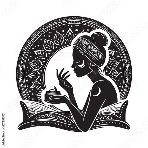 Elegant Woman Applying Night Cream in Black and White Decorative Setting