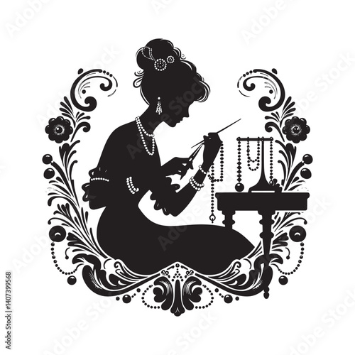 Elegant woman crafting exquisite jewelry with beads in intricate silhouette