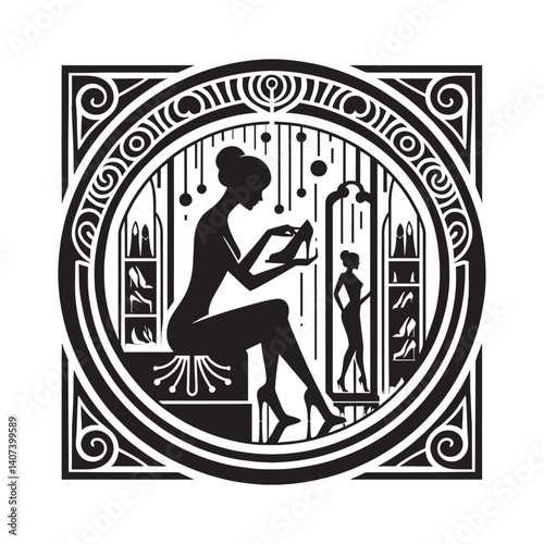 Elegant woman examining shoes in a stylized art deco fashion store setting