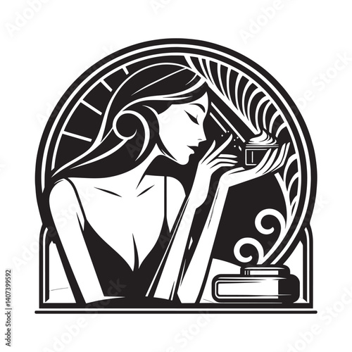 Elegant Woman in Art Deco Style Applying Night Cream for Skincare