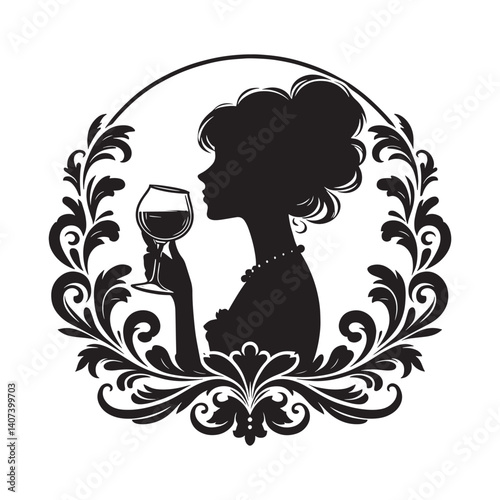 Elegant woman silhouette enjoying wine with vintage flourish background