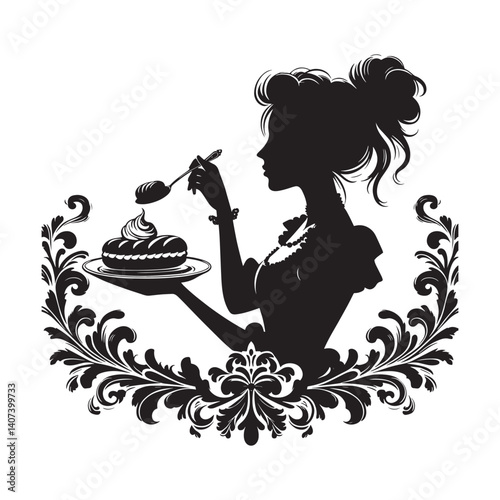 Elegant woman silhouette serving an eclair with decorative flourish