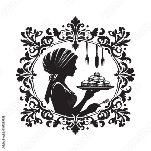 Elegant woman silhouette serving baklava dessert with victorian flourish