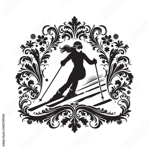 Elegant woman silhouette skiing downhill amidst a decorative floral frame