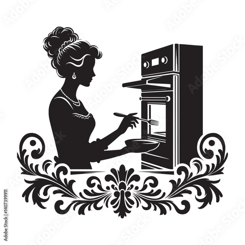 Elegant woman utilizing modern kitchen appliance for baking preparation