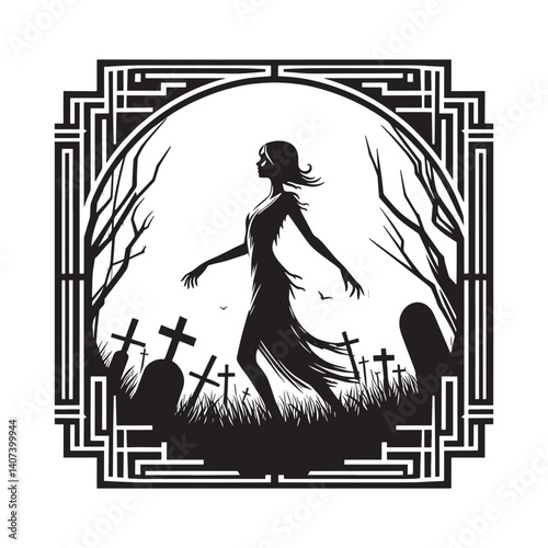 Elegant zombie wanders through stylized graveyard in a geometric frame