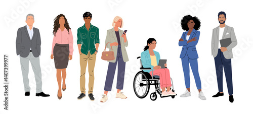 Multinational business team. Vector illustration of diverse cartoon men, women of various ethnicities, ages, body types in casual office outfits. Set of different business people Isolated