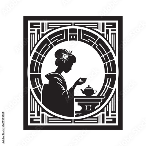 Elegantly framed silhouette of a woman gracefully performing a tea ceremony