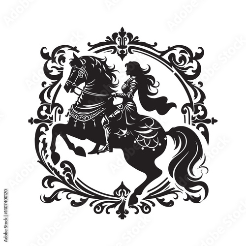 Empowered woman equestrian silhouette in decorative vintage black frame