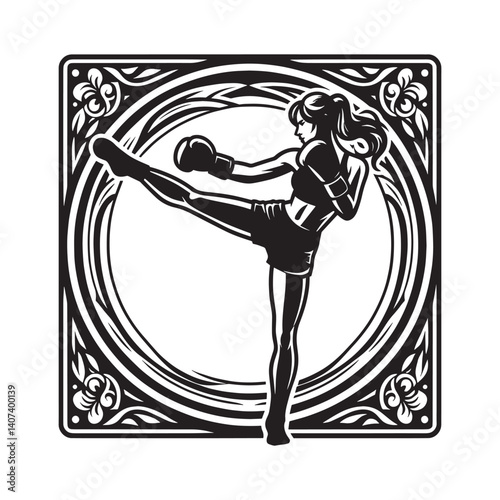 Empowered woman in boxing pose with decorative art nouveau border artwork