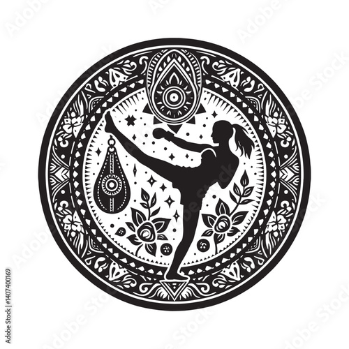Empowered woman practices kickboxing with ornate decorative elements style