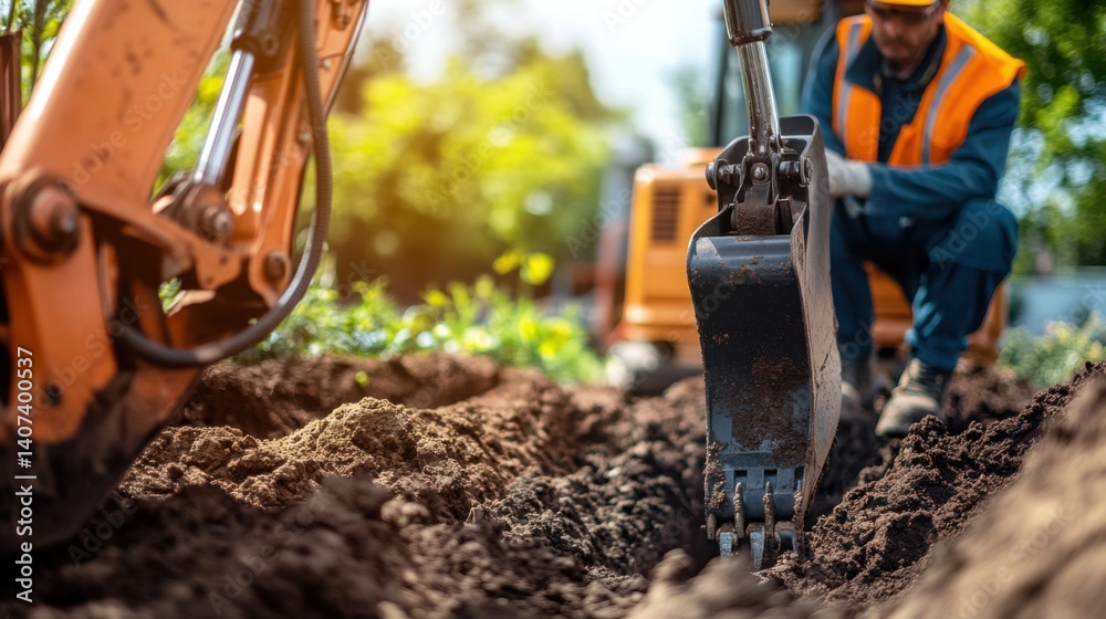 Heavy equipment operator using a digger for trench work. Featuring control and power Heavy equipment operator using a digger for trench work. Featuring control and power