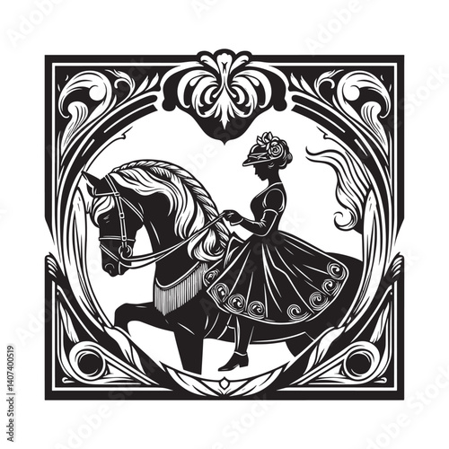 Equestrian Elegance Black and White Illustration in Art Nouveau Style Design