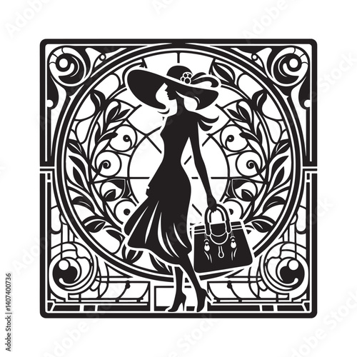 Fashionable woman silhouette with handbag inside decorative circular frame