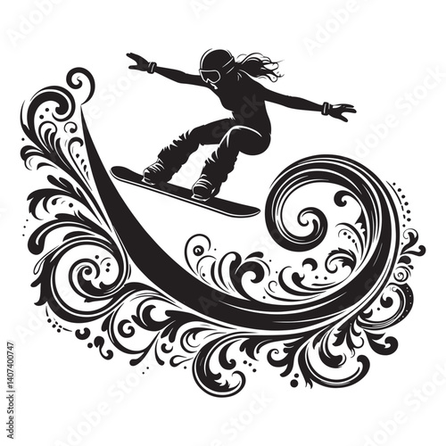 Female snowboarder silhouette performing trick with swirling floral elements