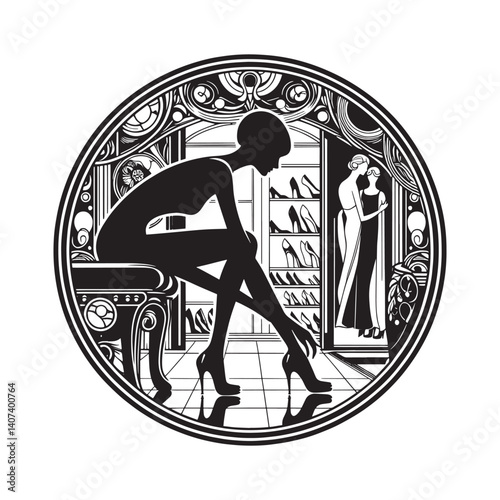 Fashionable woman silhouette trying on heels in art deco style boutique