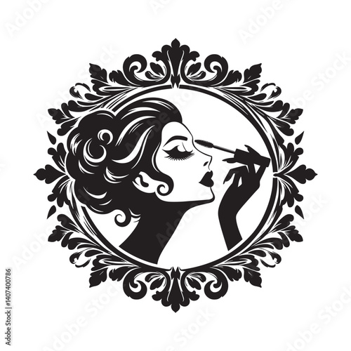 Glamorous woman applying mascara in ornate frame for beauty concept