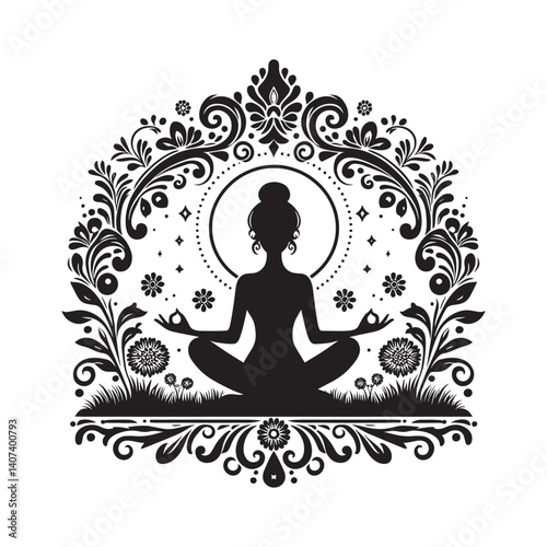 Harmonious balance woman meditating in lotus position within floral ornament