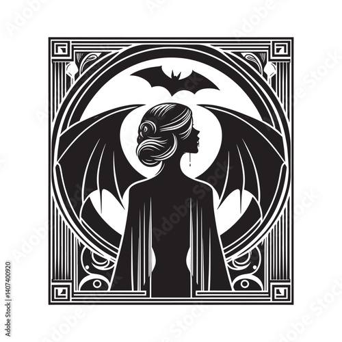Monochromatic vampire woman silhouette in decorative frame design art