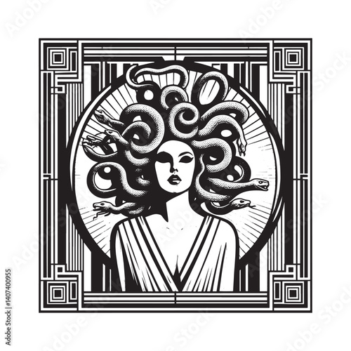 Monochromatic depiction of a snake haired woman with a decorative frame