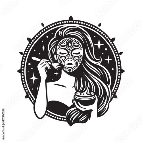 Monochrome beauty illustration depicting a skincare routine with tribal mask