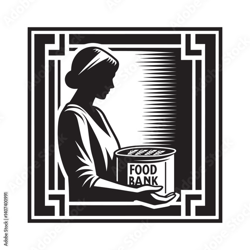 Monochrome depiction of a woman contributing to a food bank charity
