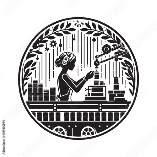 Monochrome artwork showcasing a woman in a factory setting, assembling products