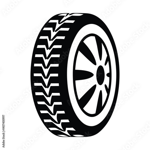 Black and White Car Wheel and Tire Icon, Automotive Vector Illustration