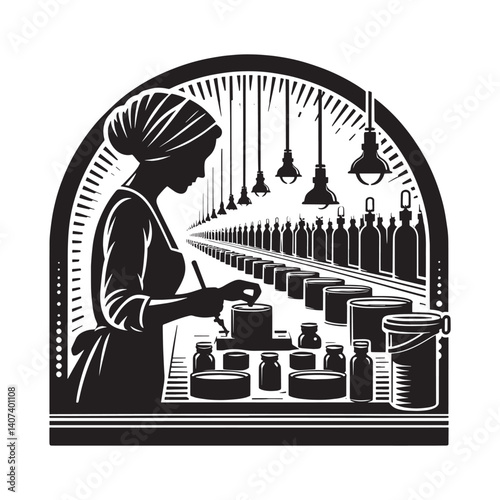 Monochrome illustration depicting factory worker on assembly line process