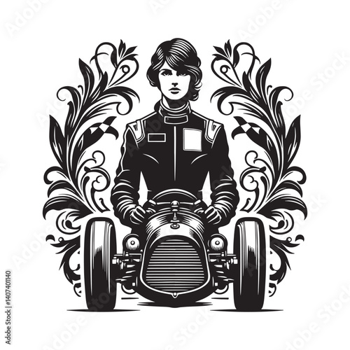 Monochrome illustration of a poised female race car driver and classic vehicle