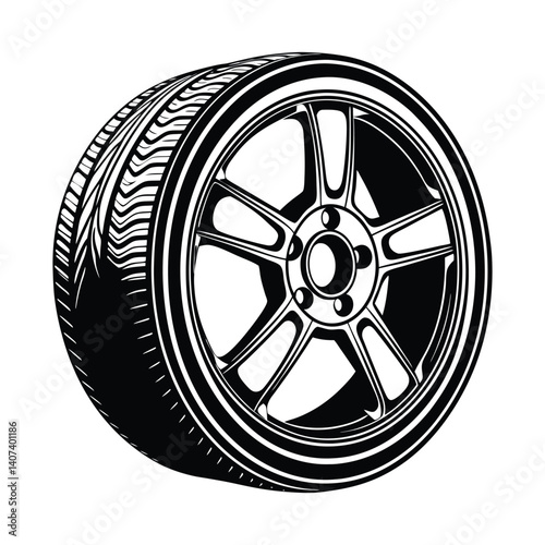Black and White Car Wheel and Tire Icon, Automotive Vector Illustration