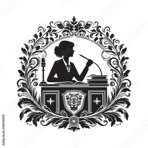Monochrome illustration of a woman lecturing inside an ornate frame
