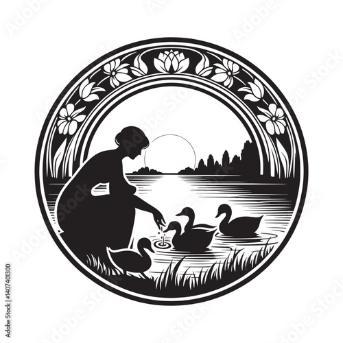 Monochrome tranquility Mother with Ducks along lake at sunset art nouveau