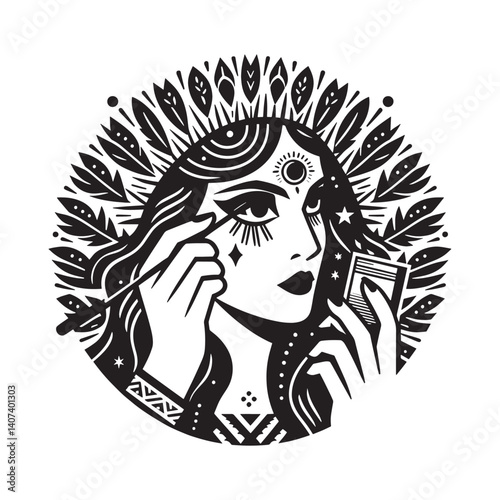 Monochrome stylish girl applying eyeliner for a glamorous beauty look