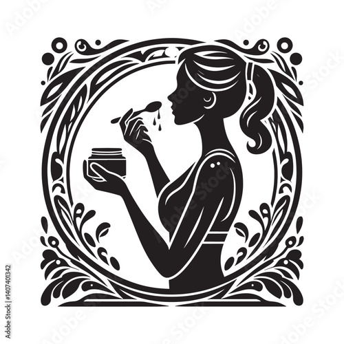 Monochrome Woman in Serene SelfCare Ritual with Ornate Frame Art