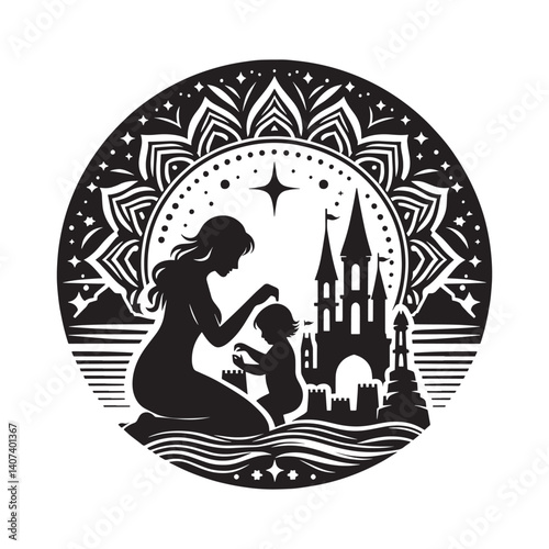 Mother and child building sandcastles at the beach black and white mandala art