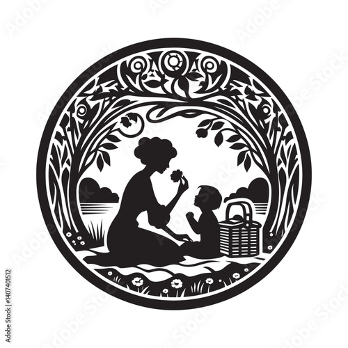 Mother and child in idyllic setting artwork in a circular frame