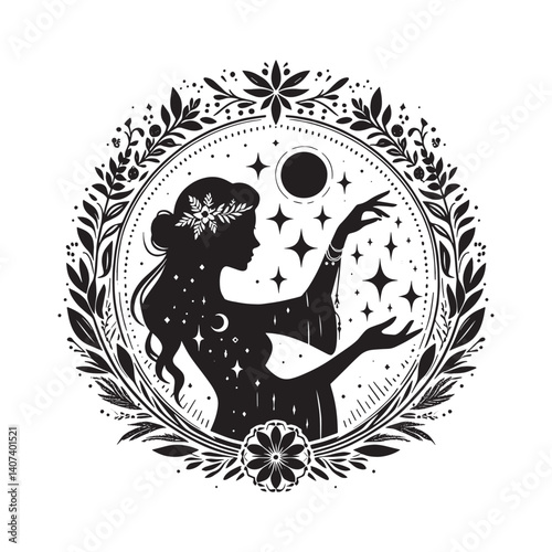 Mystical enchantress casting celestial spells in a botanical ornamented frame