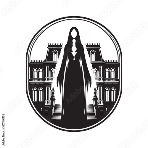 Mysterious spectral woman silhouette standing before a gothic mansion