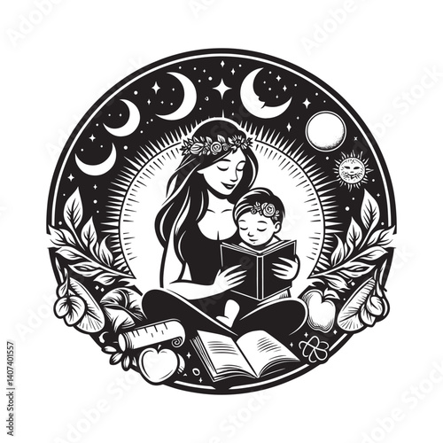 Nurturing maternal bond illustrated with celestial elements and educational focus
