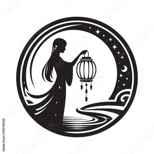 Mystical silhouette depicting a woman illuminating the night with a lantern