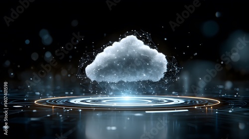 Cloud Computing's Embrace: This image shows a digital cloud in the futuristic space. The cloud is center and glowing brightly, creating an ethereal feel.