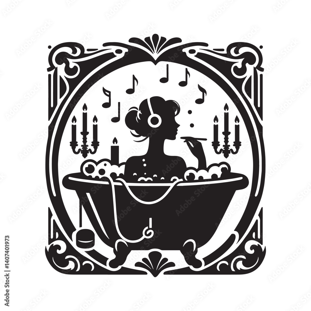 Fototapeta premium Serene woman silhouette soaking in bubble bath with music in art nouveau frame