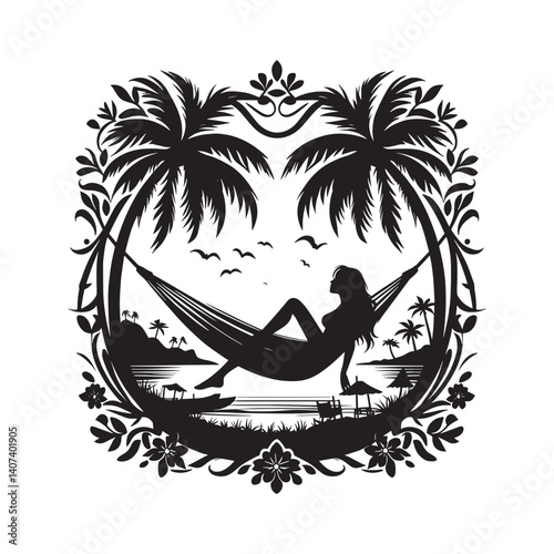Serene tropical escape silhouette woman relaxing in a hammock under palm trees