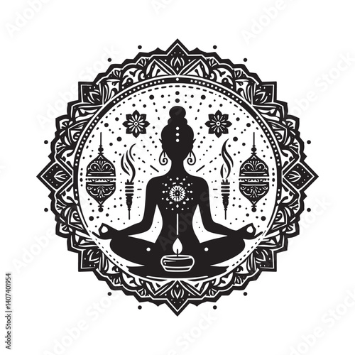 Serene silhouette of woman in meditation pose within intricate mandala frame