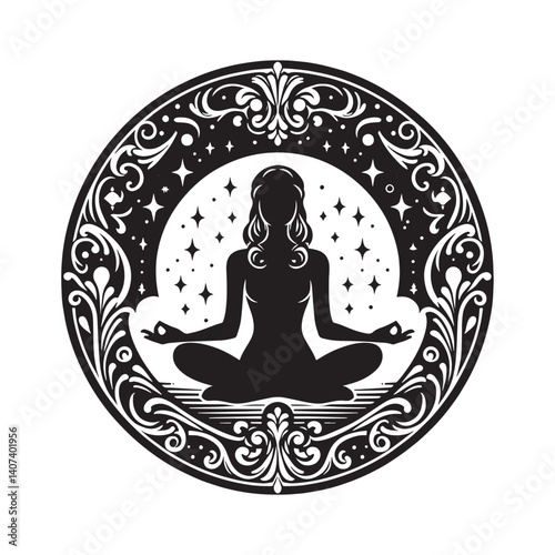 Serene Silhouette Woman in Lotus Position Surrounded by Celestial Ornate Design
