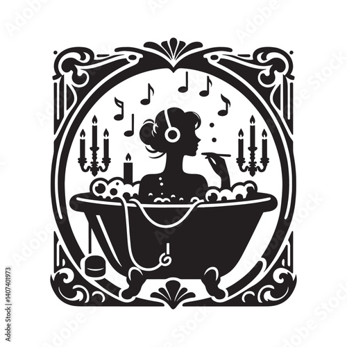 Serene woman silhouette soaking in bubble bath with music in art nouveau frame