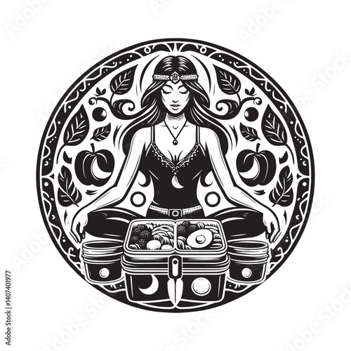 Serene woman in meditation pose with healthy meal prep containers design