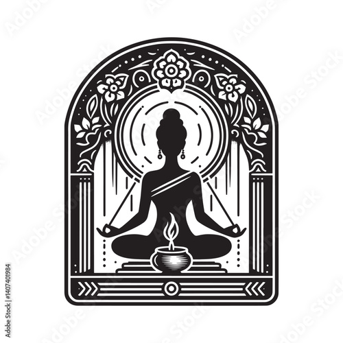 Silhouette art featuring woman in lotus position with decorative elements
